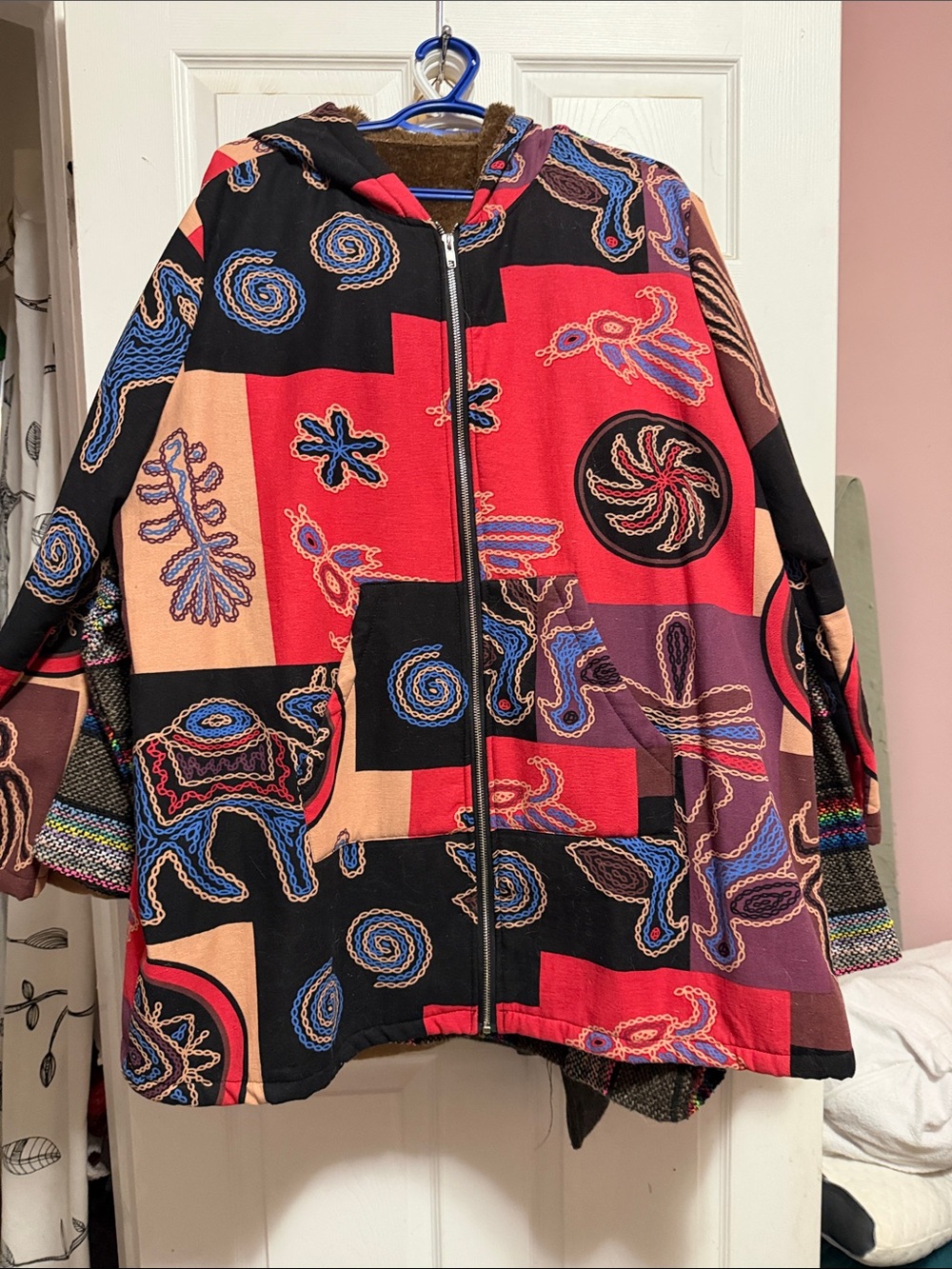 SHEIN Red & Black Patchwork Embroidered Hooded Jacket